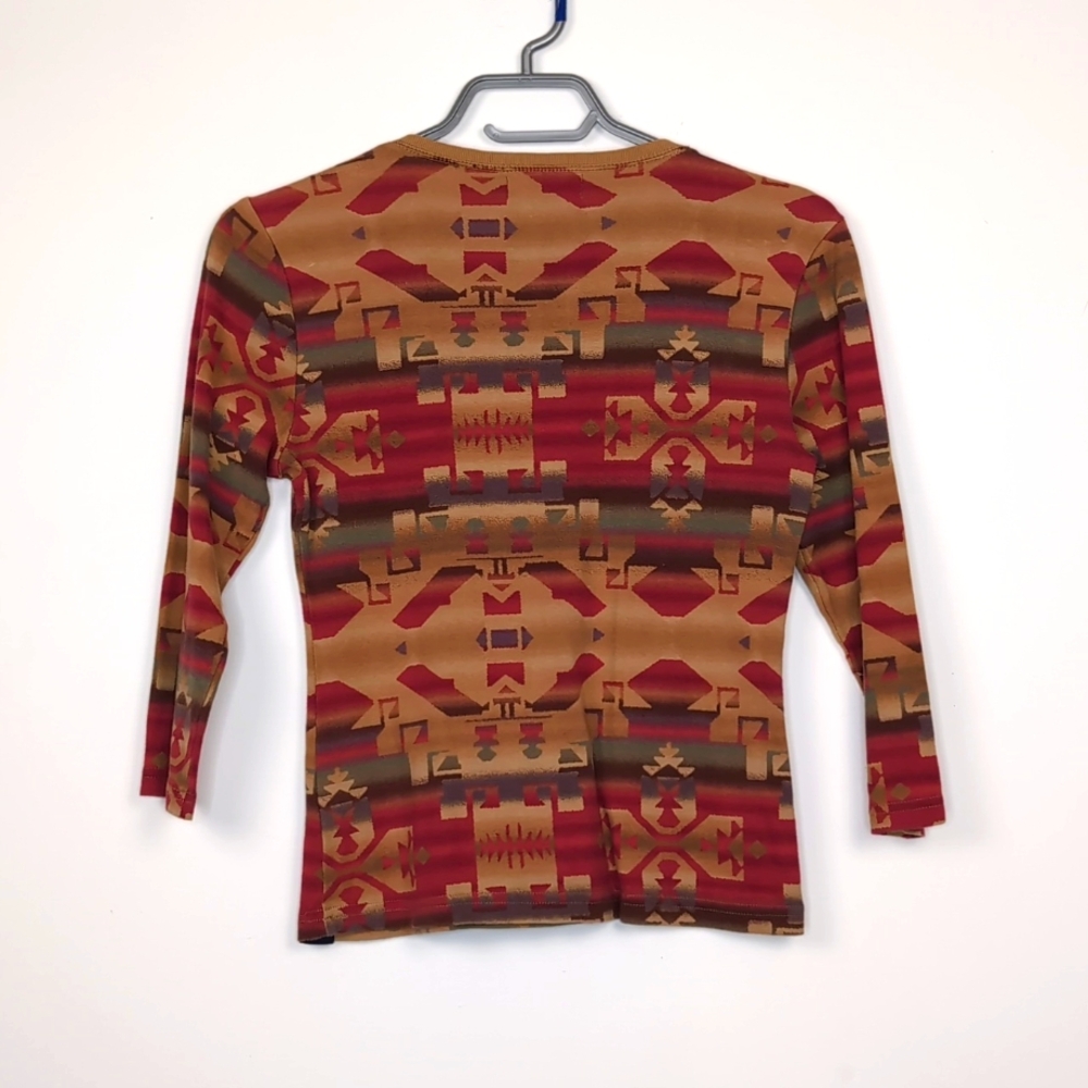 Vintage Chaps Women's Small Petite Tan Red Retro Pattern 3/4 Length Tee Shirt - Picture 3 of 3